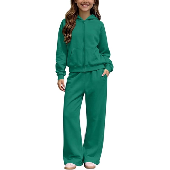 Girls Sweatsuit Fall Winter Kid Zip Up Hoodie And Sweatpants Set 5-14 Years