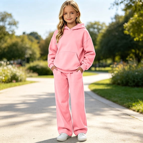 Girls Sweatsuit Fashion 2 Piece Hoodie and Sweatpants Set, Athletic Sets Hooded Sweatshirts and Wide Leg Joggers Warm Tracksuit with Pockets Fall Winter Back to School(Pink,13-14Years)