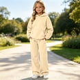 thumbnail image 1 of Girls Sweatsuit Fashion 2 Piece Hoodie and Sweatpants Set, Athletic Sets Hooded Sweatshirts and Wide Leg Joggers Warm Tracksuit with Pockets Fall Winter Back to School(Light Yellow,9-10Years), 1 of 4