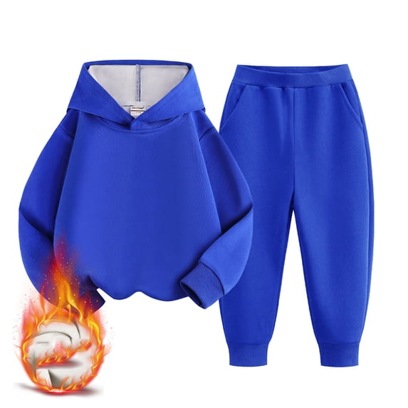 Girls Sweatsuit Fashion 2 Piece Fleece-lined Hoodie and Sweatpants Set Hooded Sweatshirts and Wide Leg Sweatpants with Pockets Fall Winter Home Back to School Clothes Blue 10-11Years