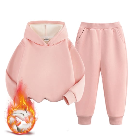 Girls Sweatsuit Fashion 2 Piece Fleece-lined Hoodie and Sweatpants Set Hooded Sweatshirts and Wide Leg Sweatpants with Pockets Fall Winter Home Back to School Clothes Pink 5-6Years