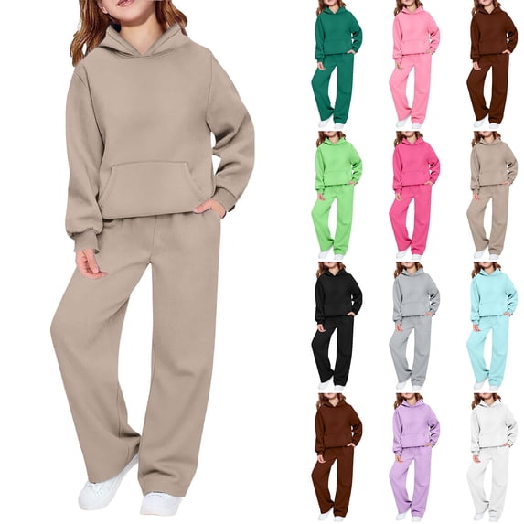 Girls Sweatsuit Fashion 2 Piece Hoodie and Sweatpants Set 5-14 Years Hooded Sweatshirts and Wide Leg Joggers Warm Tracksuit with Pockets