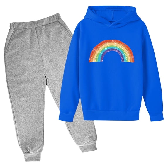 Girls Sweatsuit Outfits Size 6 Rainbow Hooded Sweatshirt Sweatpants Fashion Pullover Casual Kids 2 Piece Pant Sets, Blue, 4 Years