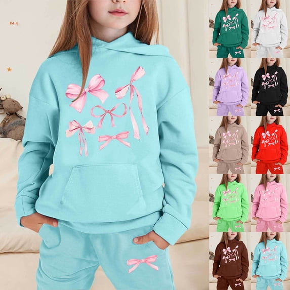 Girls Sweatsuit Set 2 Piece Outfit Cute Bow Graphic Overszied Trendy Hoodies Baggy Sweatpants Set Athletic Clothes