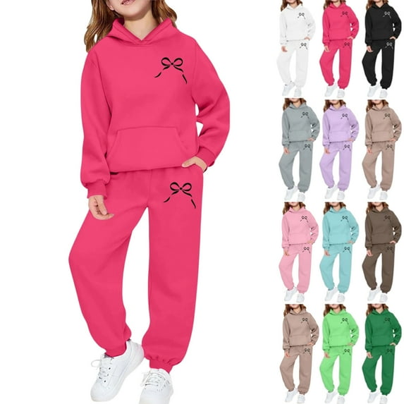 Girls Sweatsuit Set 2 Piece Outfits Cute Bow Print Hooded Sweatshirt and Jogger Pants with Pocket Athletic Sets Tracksuit,Hot Pink 6-7 Years