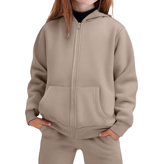 Girls Sweatsuit Set 2 Piece Outfits Girl Swimsuit Size 6 Zipper Hooded Sweatshirt Wide Leg Sweatpants Kids Clothes with Pockets(Size 9-10 Years,fg2-Khaki)