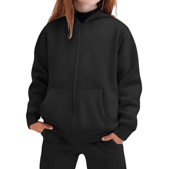 Girls Sweatsuit Set 2 Piece Outfits Girls Joggers Zipper Hooded Sweatshirt Wide Leg Sweatpants Kids Clothes with Pockets(Size 9-10 Years,fg2-Black)