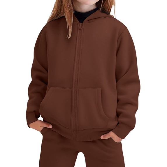 Girls Sweatsuit Set 2 Piece Outfits Girls Pants Size 5 Zipper Hooded Sweatshirt Wide Leg Sweatpants Kids Clothes with Pockets(Size 11-12 Years,fg2-Brown)