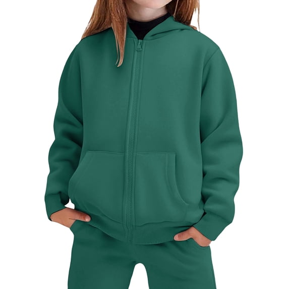 Girls Sweatsuit Set 2 Piece Outfits Sweatsuits for Girls Zipper Hooded Sweatshirt Wide Leg Sweatpants Kids Clothes with Pockets(Size 9-10 Years,fg2-Dark Green)
