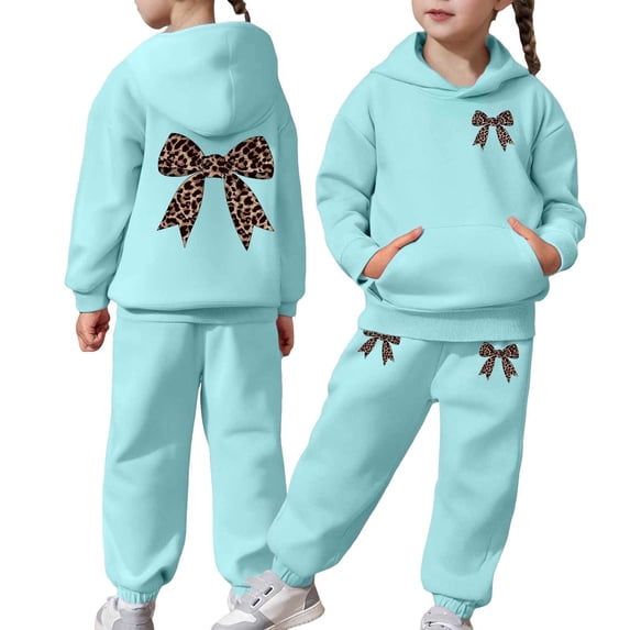 Girls Sweatsuit Set Bowknot Printed Long Sleeve Warm Hoodies Joggers Casual Fall Winter Kids Stylish Comfortable 2 Piece Outfits for Girls 3-4 Years