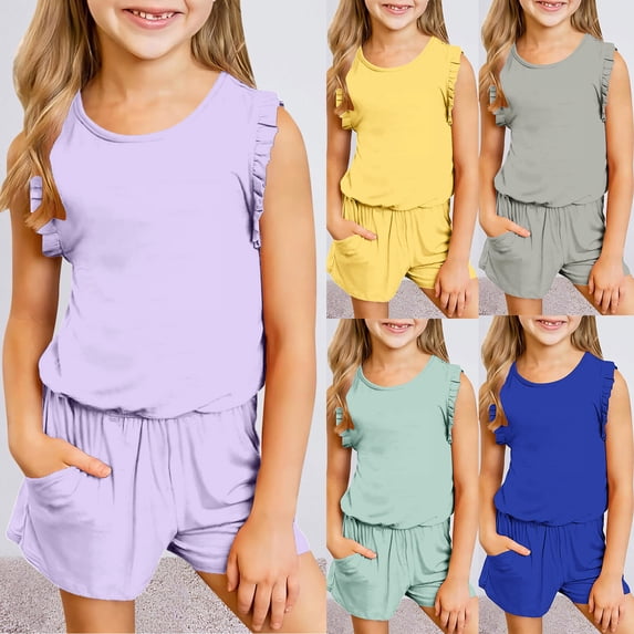 Girls Sweatsuit Set Girls 2 Piece Outfit Sleeveless Crop Tank Tops Ribbed High Waisted Shorts Casual Summer Matching Set 2 Piece