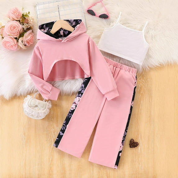 Girls Sweatsuit Set Girls Graphic 3 Piece Outfits Workout Hoodie Crop Tank and Sweatpants Set