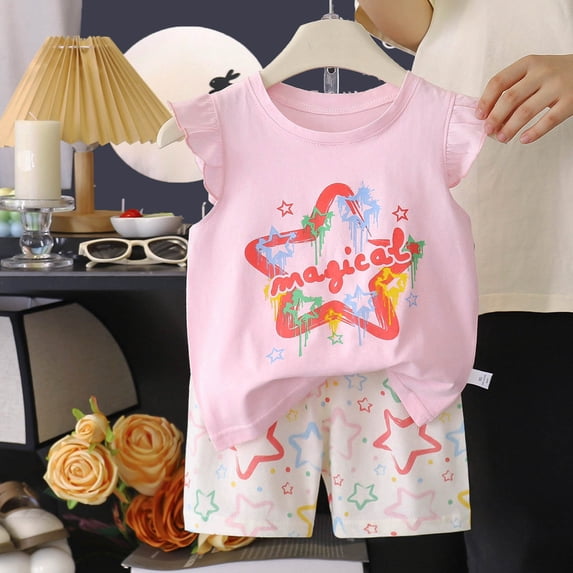 Girls Sweatsuit Set Summer 2Pcs Outfits Set – Toddler Girls Flower Short Sleeve T-Shirt and Pants Gift Set Summer 2Pcs Gift Outfits Set 2Pcs Summer Beach Outfits