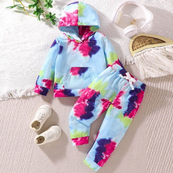 Girls Sweatsuit Set Toddler Baby Girls Clothes Long-sleeve Tie Dye Hoodie Pullover and Sweatpants Heart Print Hooded Outfits Set