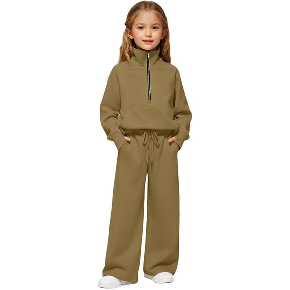 Girls Sweatsuit Tracksuit Set Teen Kids Pullover Sweatshirts and Sweatpants Sweat Set Lounge 2 Piece Outfits,Camel 3-4 Years