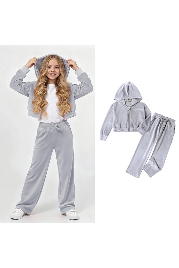 Girls Sweatsuit Velour Grey Track Suit Zip Up Cropped Top and Sweatpants Sets Girls Sweatsuits Size 9-10 Years