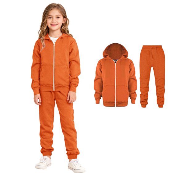 Girls Sweatsuit Zip up Orange Sweatsuit Girls Hooded Sweatshirt and Sweatpants Set Clothes for 9-10 Years Old Girls