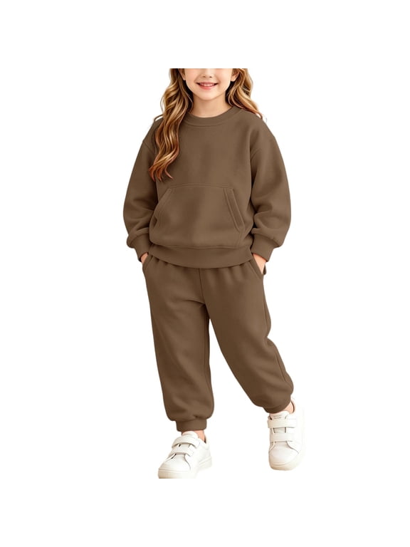 Girls Sweatsuits 2 Piece Casual Long Sleeve Fashion Fall Winter Pullover Tops and Sweatpants Kids Outfits Set Brown 4-14