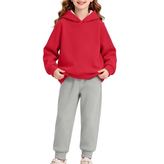 Girls Sweatsuits 2 Piece Fall Winter Cotton Fleece Warm Outfits 1-15Y Pullover Hoodie and Jogger Pants Set (9-10 Years, Red&Gray)