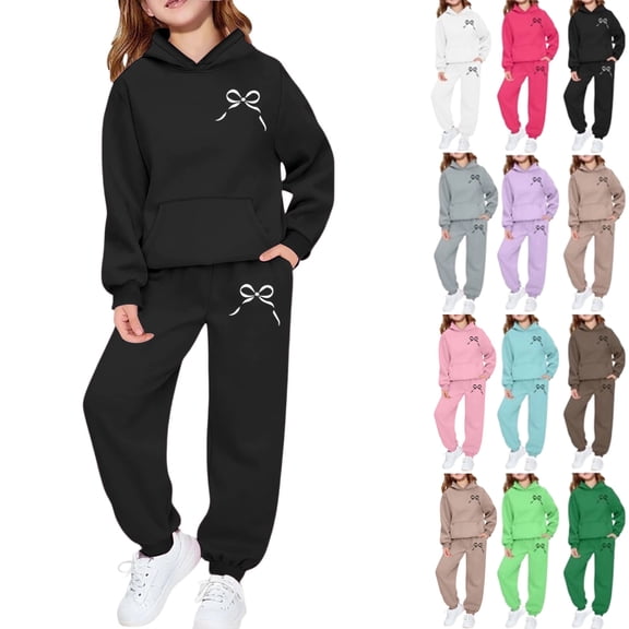 Girls Sweatsuits 2 Piece Set Teens Kids Cute Bow Graphic Outfits Hoodies and Jogger Sweatpants Sweat Sets,Black 10-11 Years