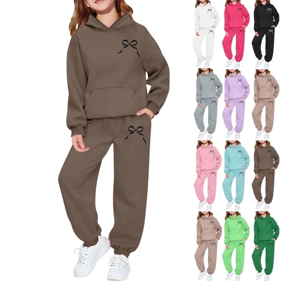 Girls Sweatsuits 2 Piece Set Teens Kids Cute Bow Graphic Outfits Hoodies and Jogger Sweatpants Sweat Sets,Coffee 12-13 Years