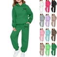 thumbnail image 1 of Girls Sweatsuits 2 Piece Set Teens Kids Cute Bow Graphic Outfits Hoodies and Jogger Sweatpants Sweat Sets,Dark Green 6-7 Years, 1 of 5