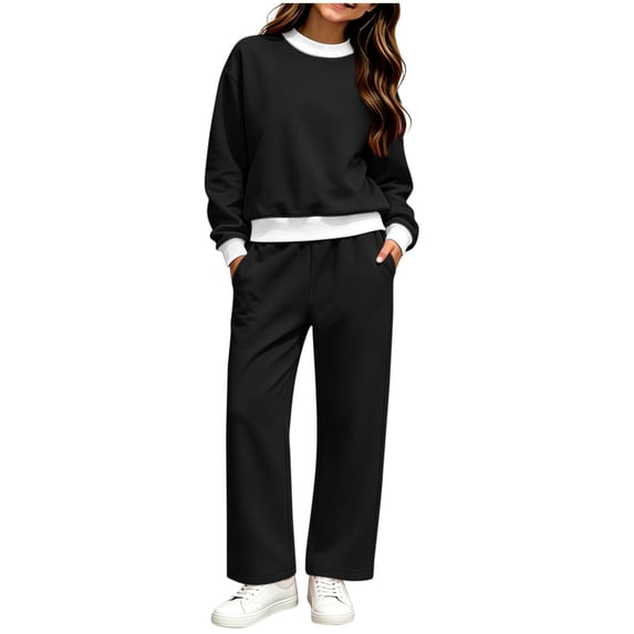 Girls Sweatsuits 2 Piece Solid Cotton Fleece Wide Leg Tracksuit 5-14Y Kids Fall Winter Casual Sports Sets, Black 9-10 Years