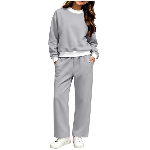Girls Sweatsuits 2 Piece Solid Cotton Fleece Wide Leg Tracksuit 5-14Y Kids Fall Winter Casual Sports Sets, Gray 11-12 Years