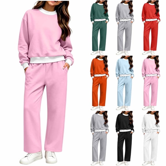 Girls Sweatsuits 2 Piece Solid Cotton Fleece Wide Leg Tracksuit 5-14Y Kids Fall Winter Casual Sports Sets, Pink 11-12 Years