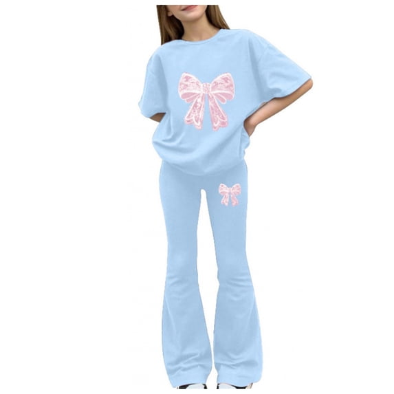Girls Sweatsuits 2Pcs Sets Girls Outfits Summer Short Sleeve T Shirt Flare Pants Sets Cute Bow Printed Casual Vacation Clothes Size 5-15T