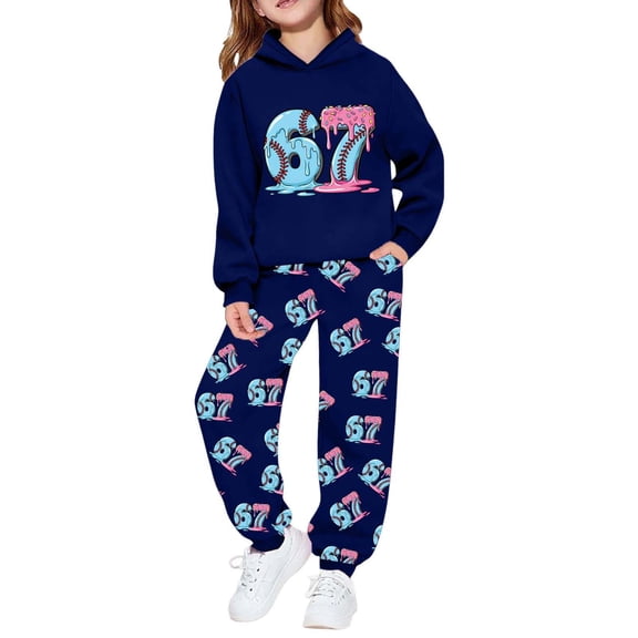Girls Sweatsuits 2pcs Sets Hooded 67 Print 6 7 Number Pattern Sweatshirts Sweatpants Outfits Winter Warm Sports Casual Activewear Sets Dark Blue Size 4-5 Y