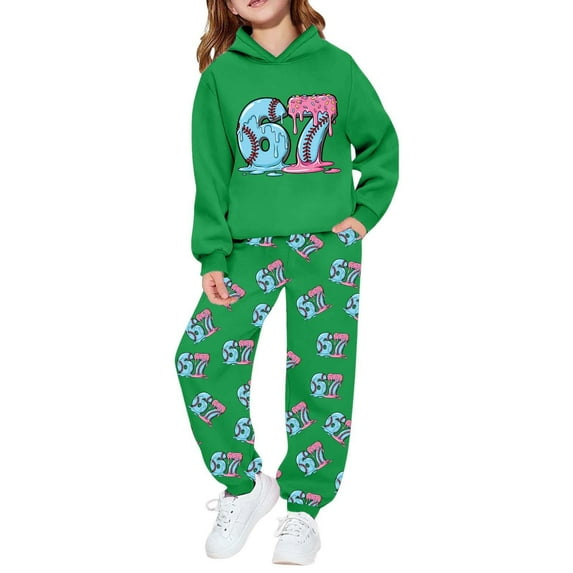 Girls Sweatsuits 2pcs Sets Hooded 67 Print 6 7 Number Pattern Sweatshirts Sweatpants Outfits Winter Warm Sports Casual Activewear Sets Green Size 10-11 Y
