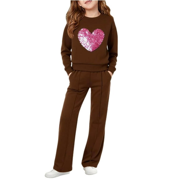 Girls Sweatsuits Glitter Love Heart Print 2 Piece Outfits Long Sleeve Pullover Top and Wide Leg Sweatpant Pant Set (9-10 Years, Brown)