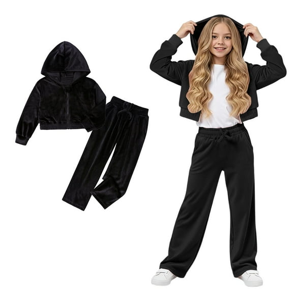 Girls Sweatsuits Velour Black Tracksuit Kids Zipper Cropped Hoodie and Sweatpants Sets Girls Suit 9-10 Years