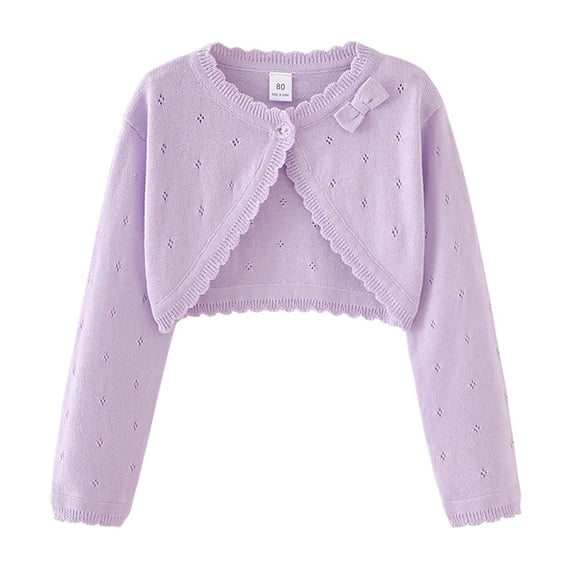Girls Sweet Bow Cardigan Loose Hollow Out Round Neck Long Sleeve Jacket, Fashion Casual Outerwear for Spring Autumn Medium Little Kids Coat Purple 5-6 Years