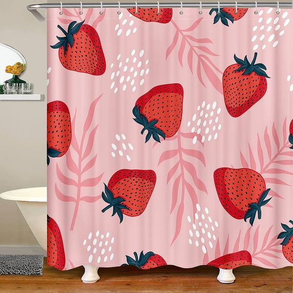 Girls Sweet Strawberry Shower Curtain for Bathroom Kids Fruit Print Bath Curtain with Hooks Strawberry Leaves Print Decor Waterproof Polyester Bathroom Curtains Pink 72Wx78L