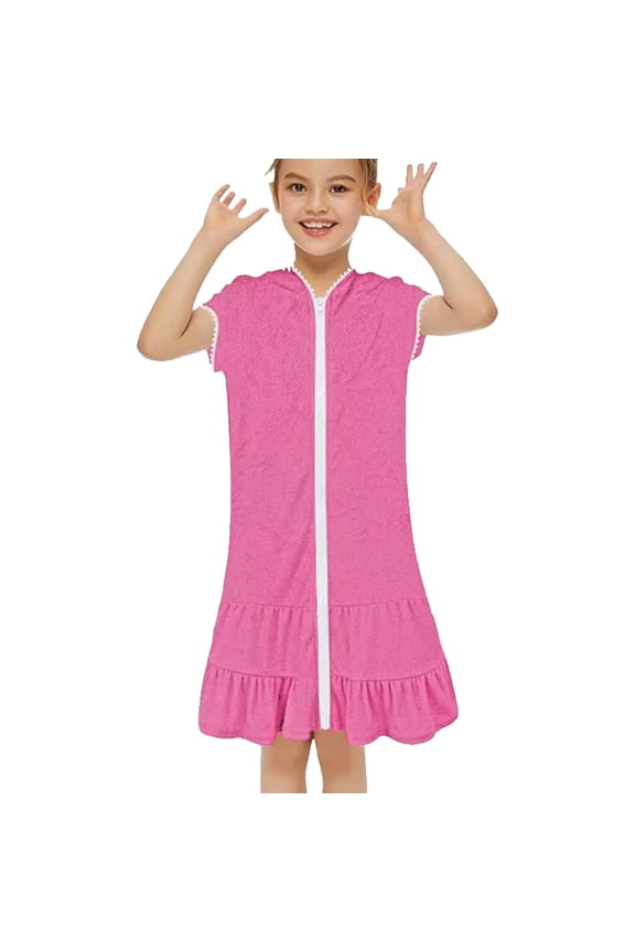 Girls' Swim Cover Up Dress,Full Zip Hooded Absorbent Beach Robe with UPF 50+ Sun Protection,Quick-Dry Towel Material for Pool,Beach,Water Activities,Functional and Cute for Summer - Hot Pink