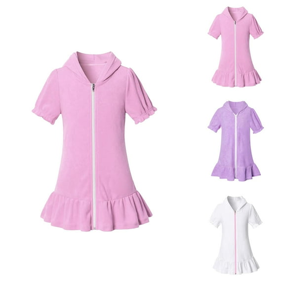 Girls Swim Cover Up Beach Dress for Girls Girls Hooded Zip Coverups Swim Beach Dress Summer Short Sleeve Bathing Suit Bathrobe Lightweight