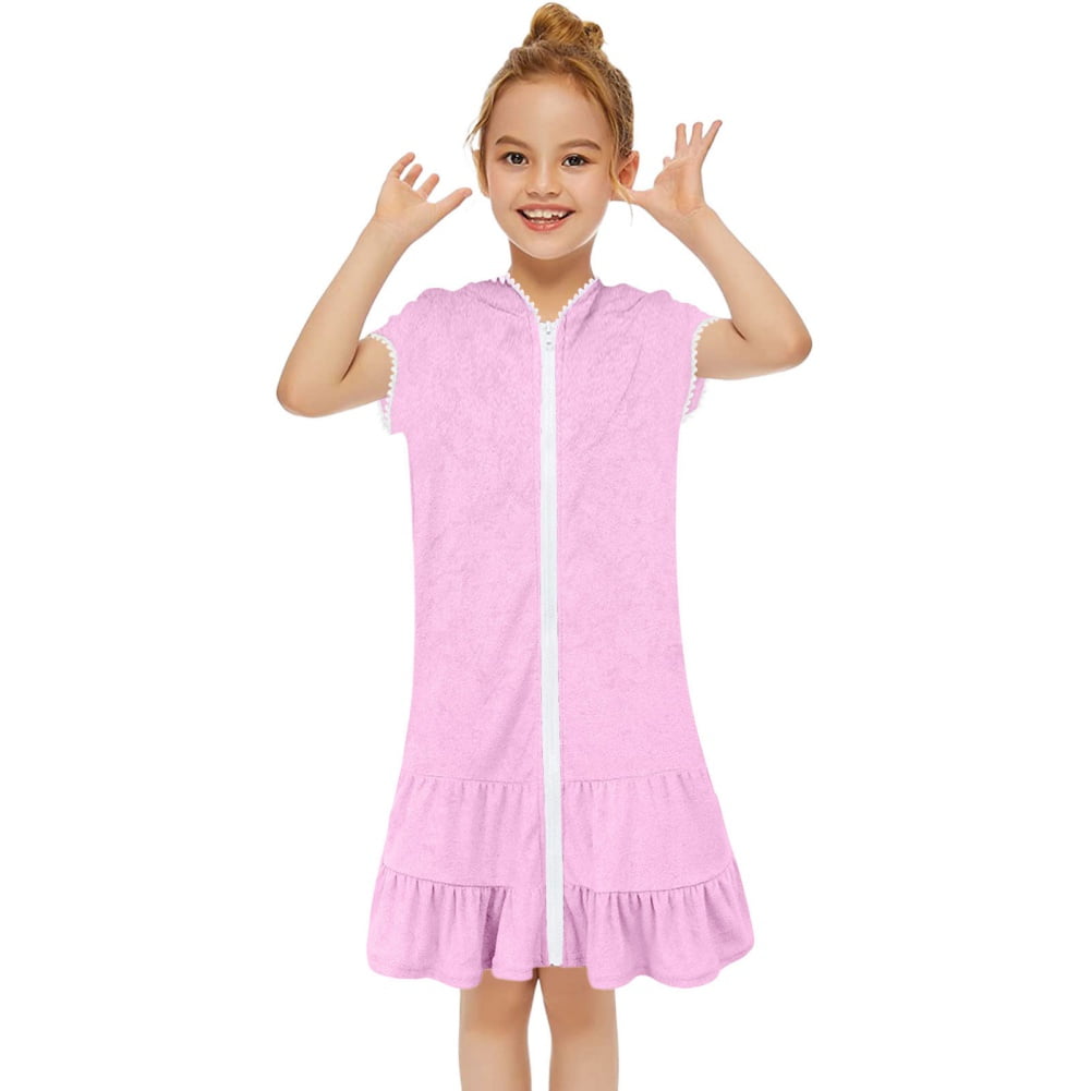 Girls Swim Cover Up Beach Swimsuit Coverup Hooded Terry ZipUp Bathing