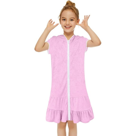 Girls Swim Cover Up Beach Swimsuit Coverup Hooded Terry Zip-Up Bathing Suit Short Sleeve Robe