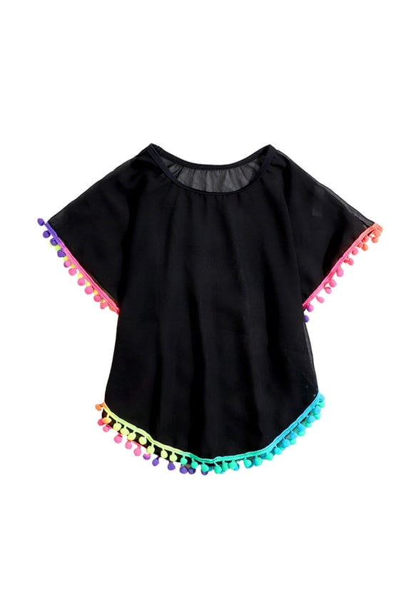 Girls Swim Cover Up Beach Swimwear Coverup Swimsuit Wraps with Pom Pom Trim