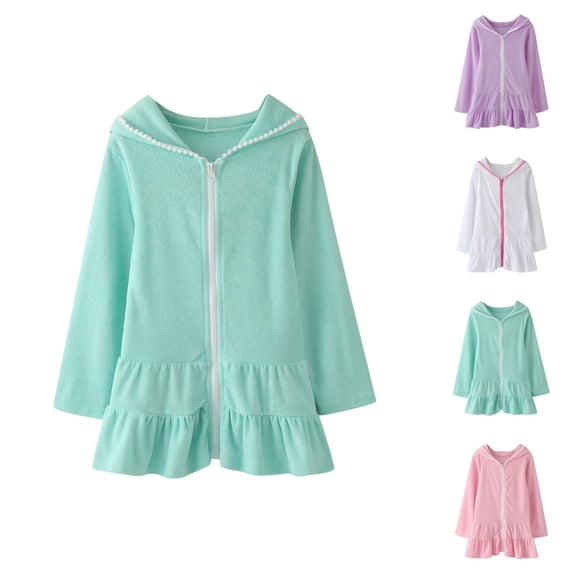 Swim Robe Girls Swim Cover Up Hooded Zip Beach Dress Towel Robe Long Sleeve Quick ...