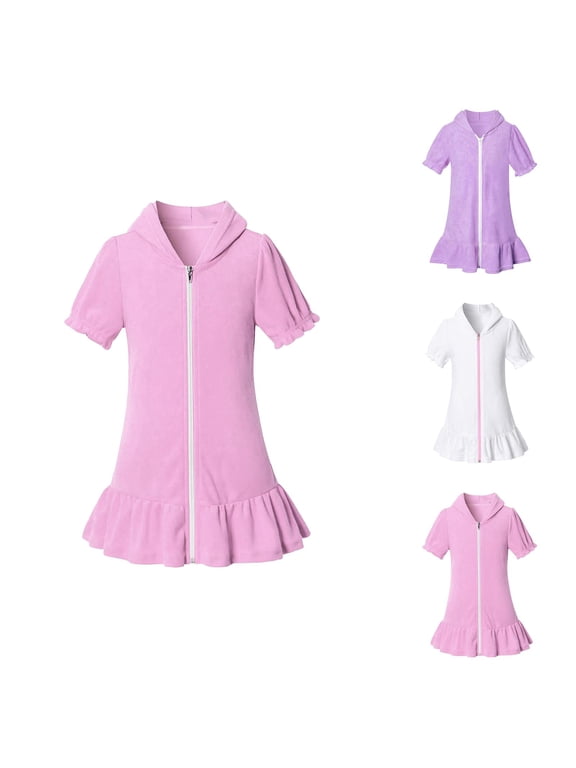 Girls Swim Cover Up Hooded Zip Beach Dress Towel Robe Short Sleeve Quick Dry Bathing Suit Coverup for Vacation Pool
