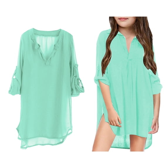 Girls Swim Cover-Up Long Sleeve Chiffon Shirt Quick Dry Swim Dress Girls Swimsuit Cover Up 8-9 Years