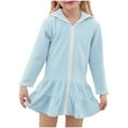 thumbnail image 1 of Girls' Swim Cover-Up Robe Full Zip Hooded Ruffled Beach Dress Long Sleeve Lightweight Cover-Up for Beach Days & Pool Leisure (2-10Y), 1 of 5