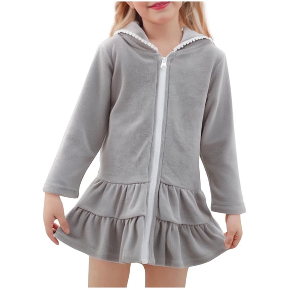 Girls' Swim Cover-Up Robe Full Zip Hooded Ruffled Beach Dress Long Sleeve Lightweight Cover-Up for Beach Days & Pool Leisure (2-10Y)