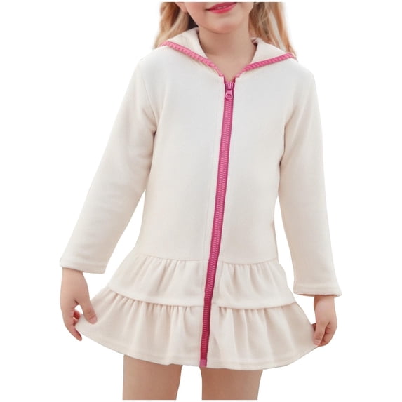 Girls' Swim Cover-Up Robe Full Zip Hooded Ruffled Beach Dress Long Sleeve Lightweight Cover-Up for Beach Days & Pool Leisure (2-10Y)