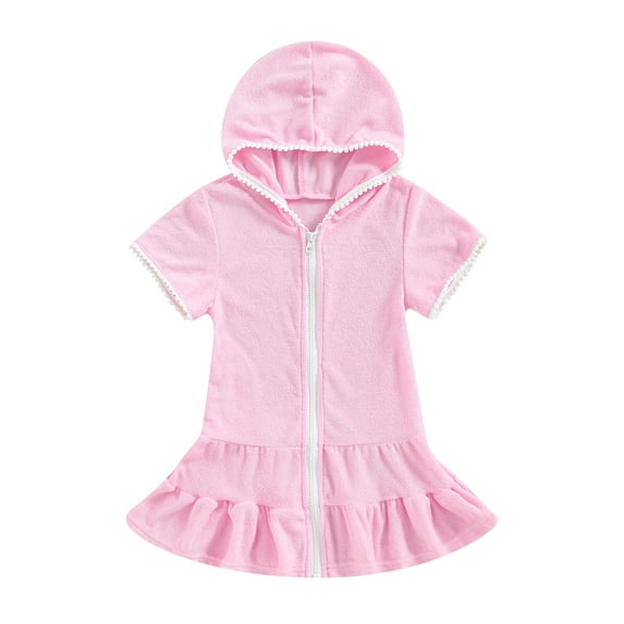 Girls Swim Cover Up, Terry Bathing Suit Coverup Short Sleeve Zip Up Beach Dress for Kids 2-10 Years