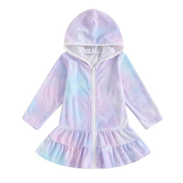 Girls Swim Cover Up Terry Zip-Up Hoodie Swimsuit Coverup Beach Bathing Suit Wraps Ruffled Swimwear Cover-Ups & Wraps (5-6 Years, Purple #1)