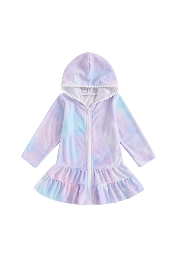 Girls Swim Cover Up Terry Zip-Up Hoodie Swimsuit Coverup Beach Bathing Suit Wraps Ruffled Swimwear Cover-Ups & Wraps (5-6 Years, Purple #1)
